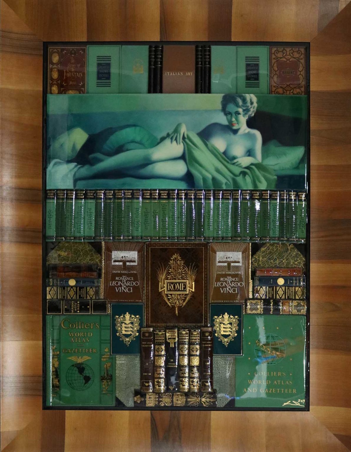 "GREEN ENVY" mixed media collage painting by Claire Conrad