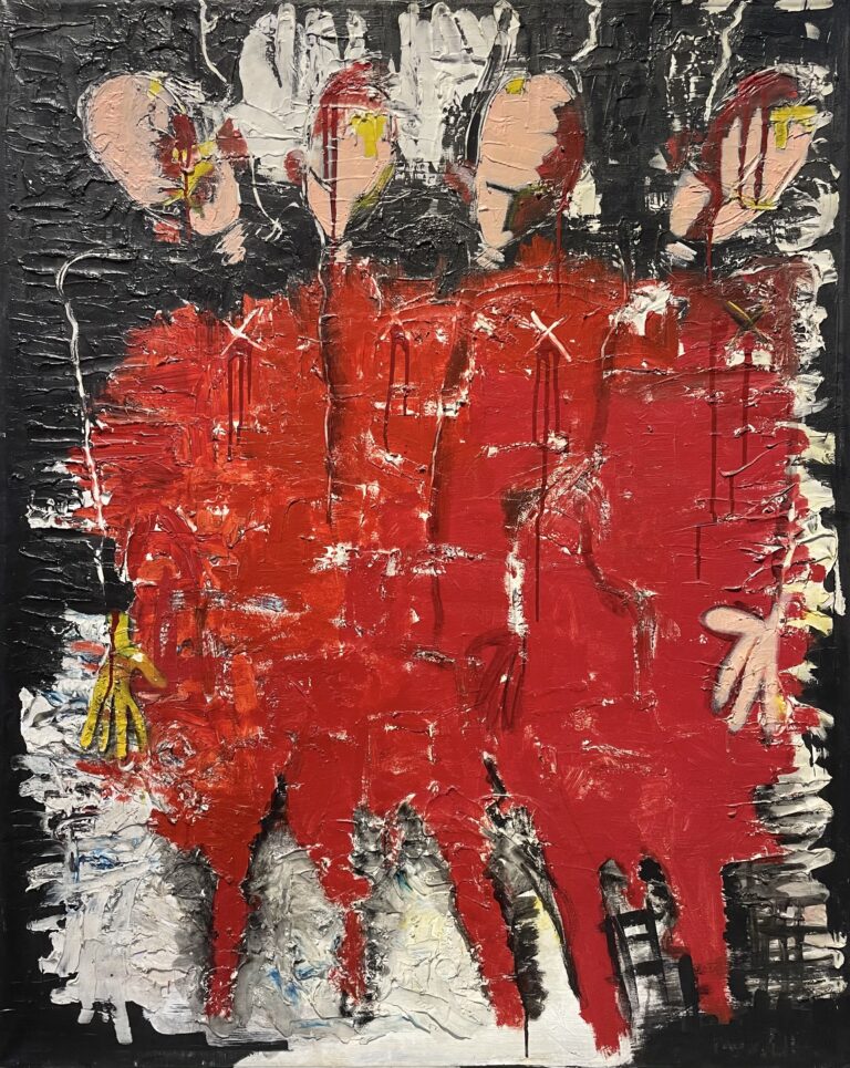 "Three Pigs and a Koon" painting by Keith Mikel