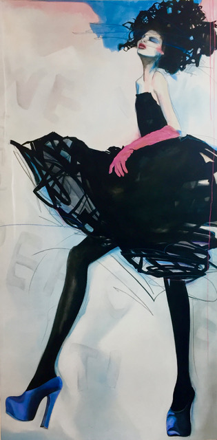 Woman in a Black Dress Painting on Canvas