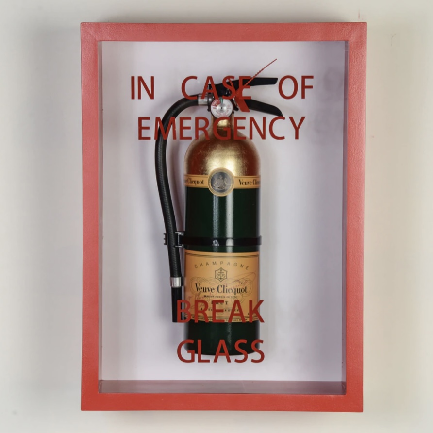 In Case of Emergency Break Glass Veuve Clicquot Mixed Media Sculpture by  Plastic Jesus - Conrad West Gallery, Las Vegas
