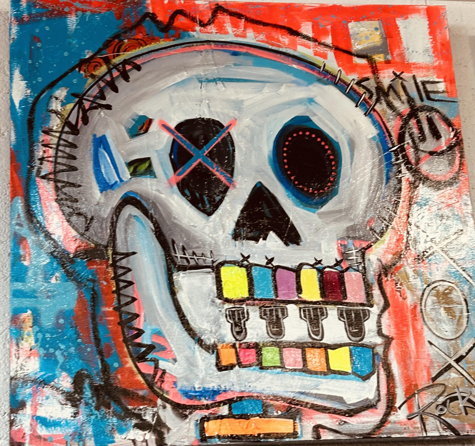 DROPPING BOMBS by Rocky Asbury 36″ x 36″, Mixed Media on Canvas