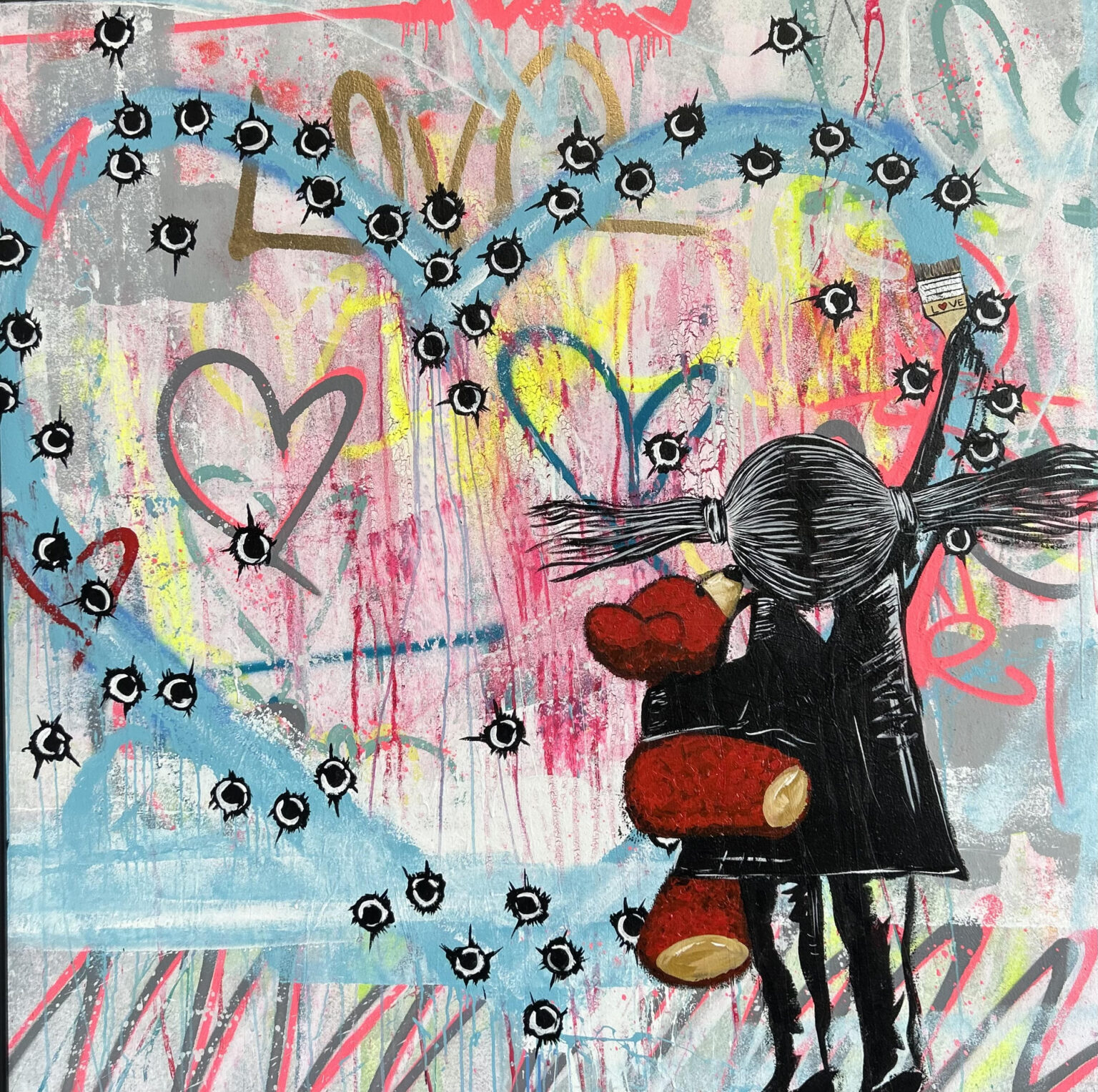 LOVE UNDER FIRE by Rocky Asbury 60″ x 60″, Mixed Media on Canvas